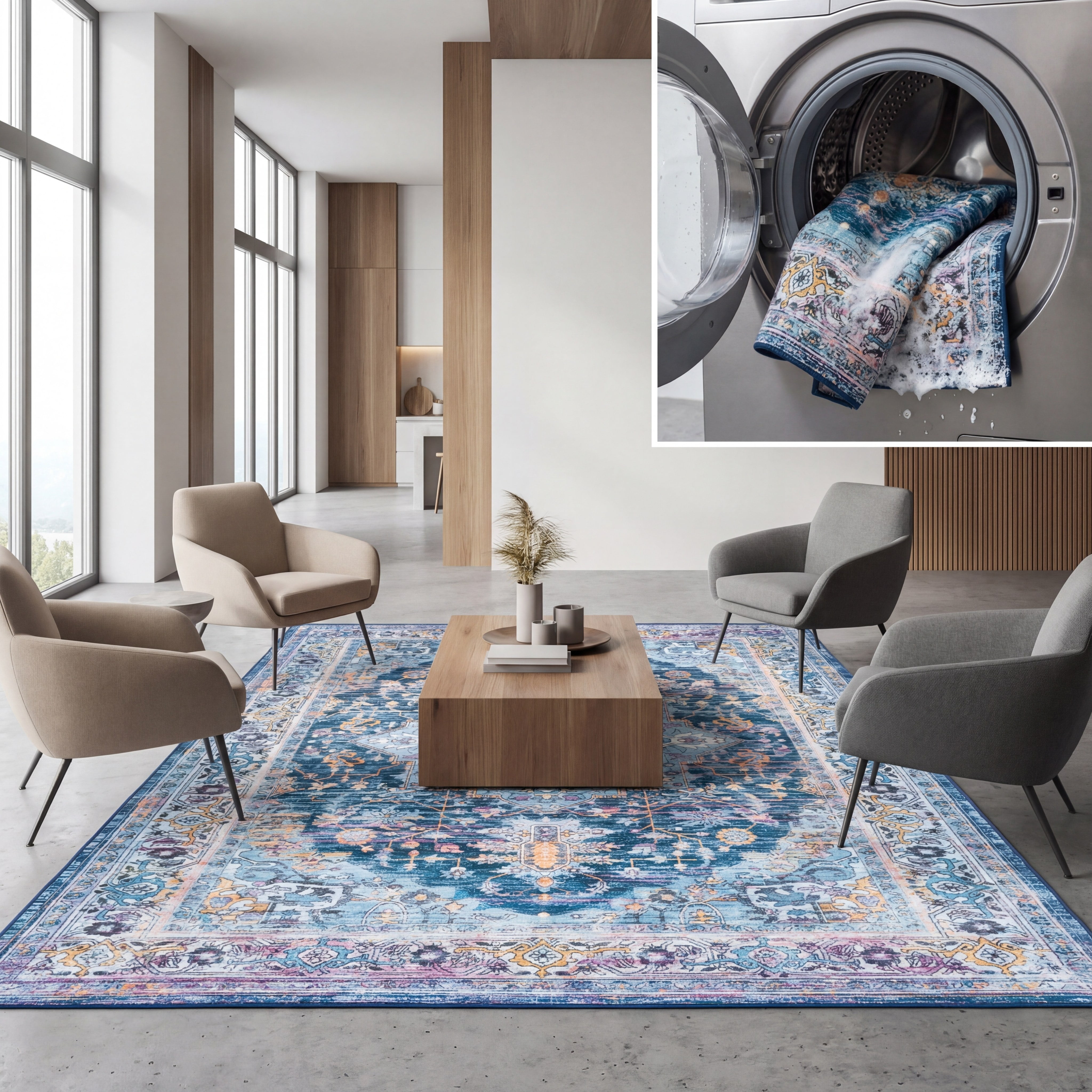 SAFAVIEH Orlando Charla Medallion Machine Washable Area Rug, Light Blue/Navy, 4'9" x 6'6"