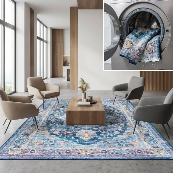 SAFAVIEH Orlando Charla Medallion Machine Washable Area Rug, Light Blue/Navy, 5'5" x 5'5" Square