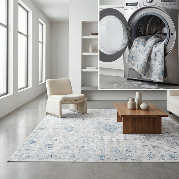 SAFAVIEH Orlando Elliott Medallion Machine Washable Area Rug, Grey/Blue, 4'9" x 6'6"