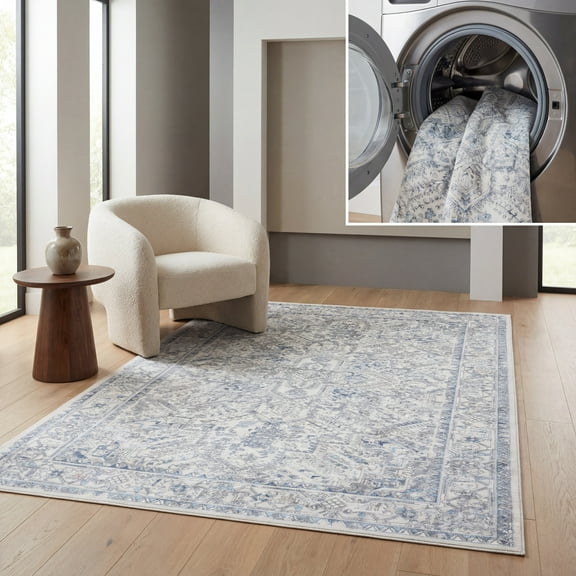 SAFAVIEH Orlando Isaiah Geometric Machine Washable Area Rug, Ivory/Light Blue, 5'5" x 5'5" Square