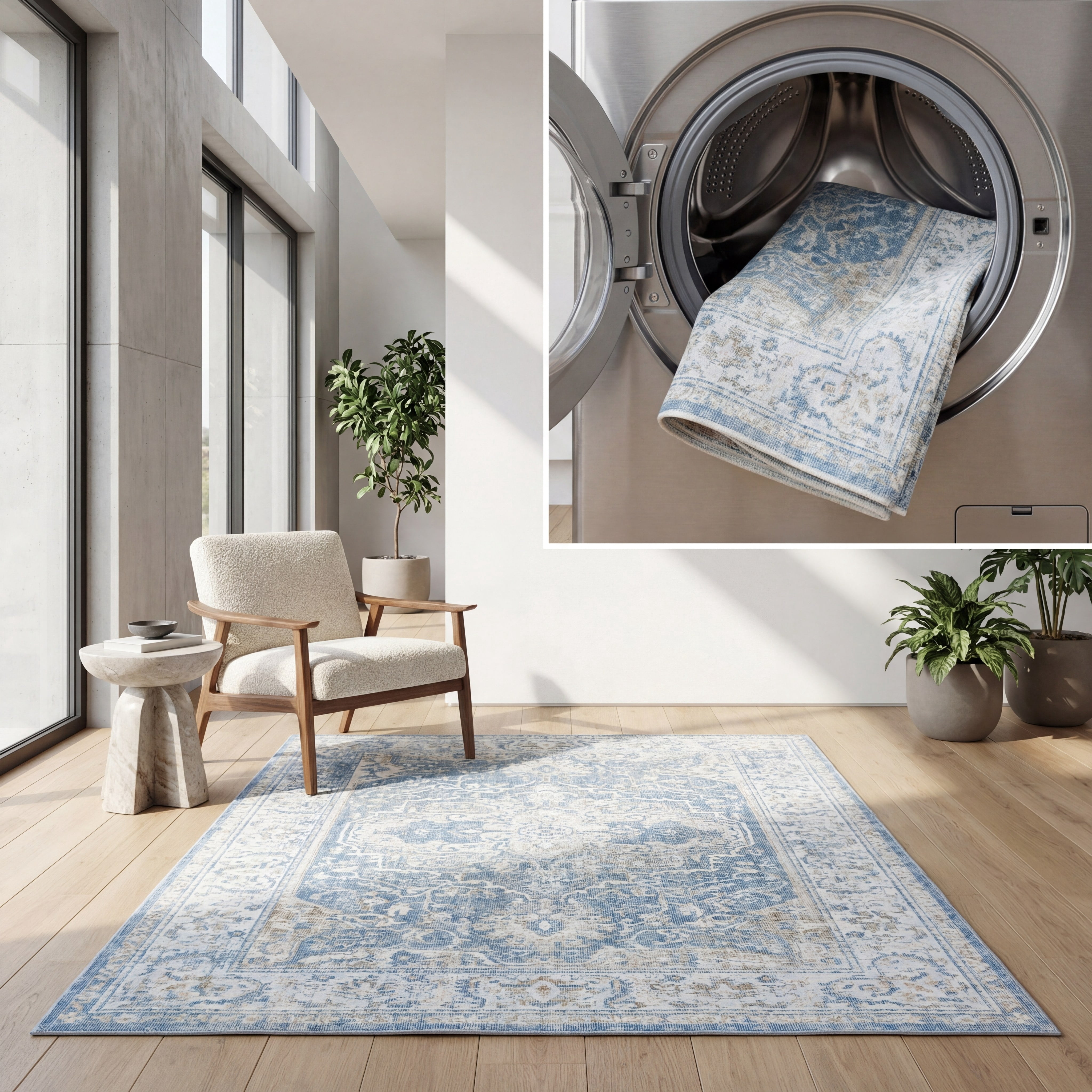 SAFAVIEH Orlando Jilliean Medallion Machine Washable Area Rug, Blue/Gold, 4' x 6'