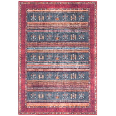 SAFAVIEH Orlando Kaeden Striped Machine Washable Area Rug, Rust/Blue, 4' x 6'