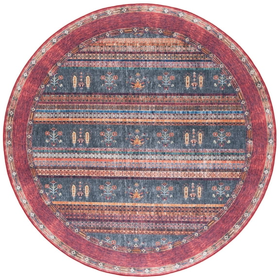 SAFAVIEH Orlando Kaeden Striped Machine Washable Area Rug, Rust/Blue, 5'5" x 5'5" Round
