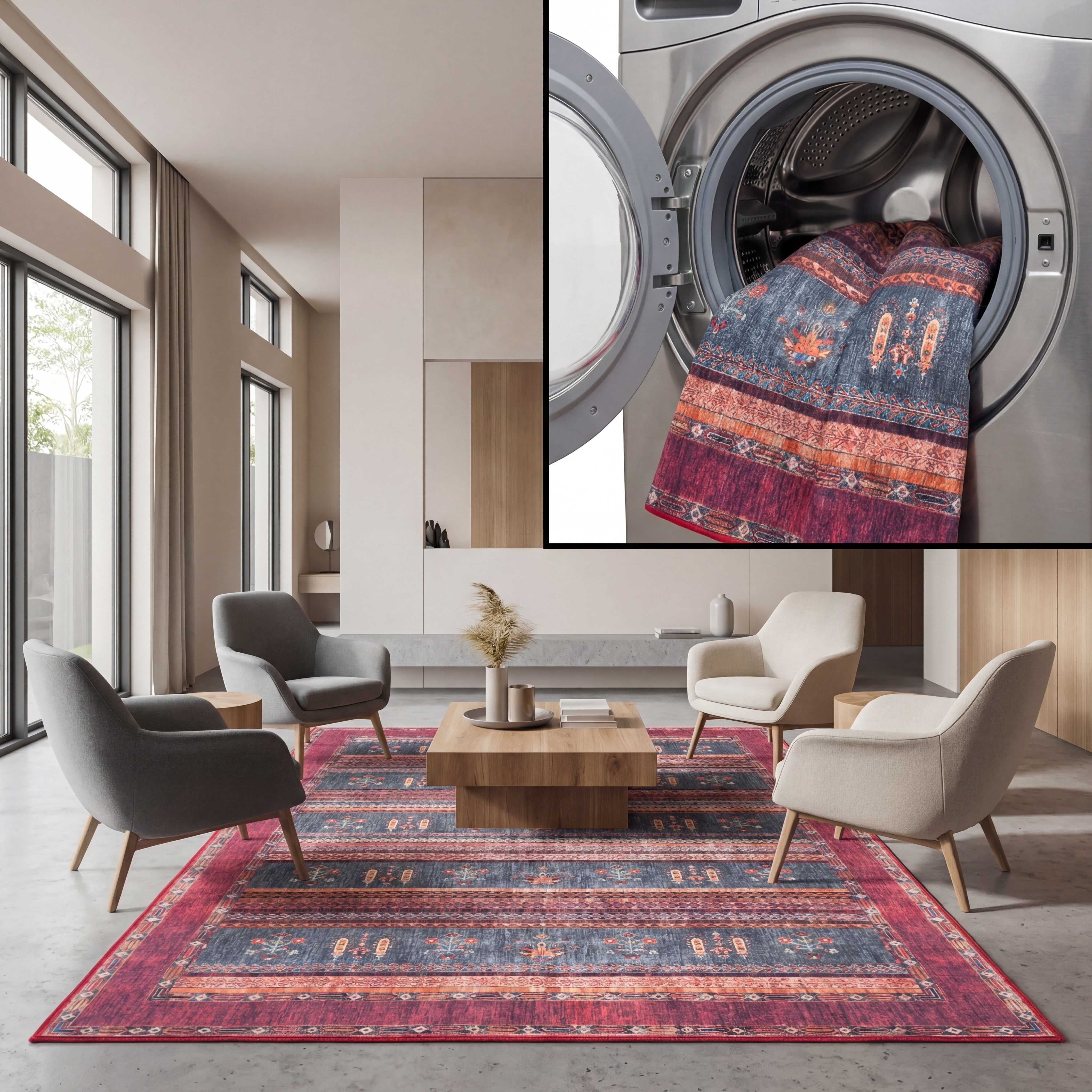SAFAVIEH Orlando Kaeden Striped Machine Washable Area Rug, Rust/Blue, 8' x 10'