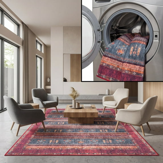 SAFAVIEH Orlando Kaeden Striped Machine Washable Area Rug, Rust/Blue, 8' x 10'