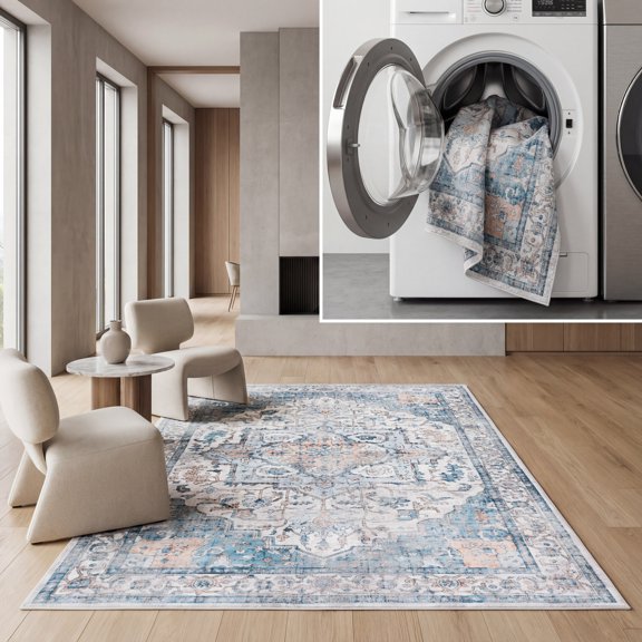 SAFAVIEH Orlando Keaton Medallion Machine Washable Area Rug, Blue/Beige, 4'9" x 6'6"