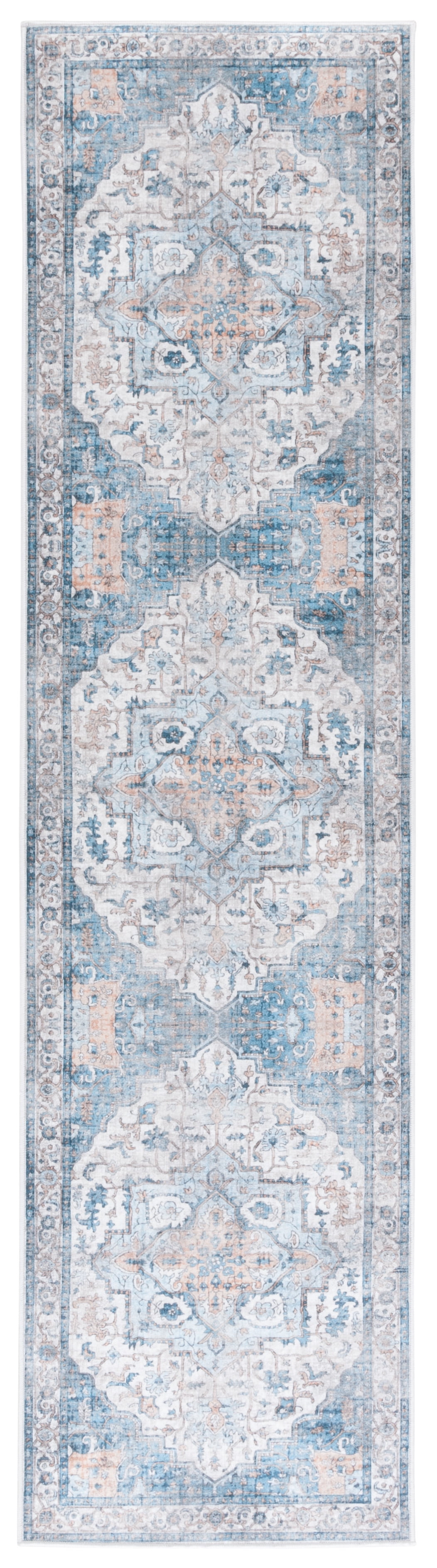 SAFAVIEH Orlando Keaton Medallion Machine Washable Runner Rug, Blue/Beige, 1'10" x 8'