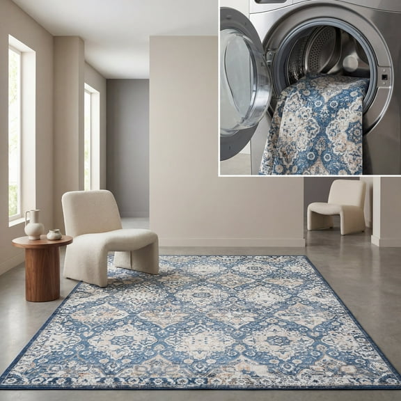 SAFAVIEH Orlando Mira Geometric Machine Washable Area Rug, Blue/Beige, 4' x 6'