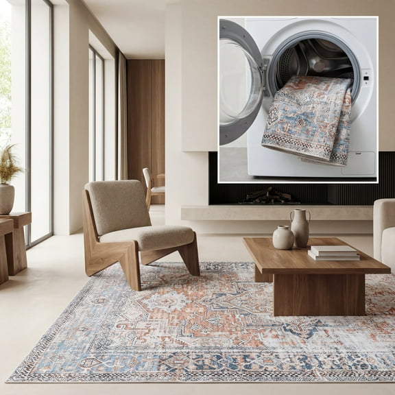 SAFAVIEH Orlando Munya Medallion Machine Washable Area Rug, Orange/Blue, 8' x 10'