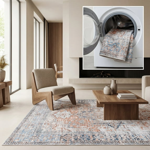 SAFAVIEH Orlando Munya Medallion Machine Washable Area Rug, Orange/Blue, 8' x 10'