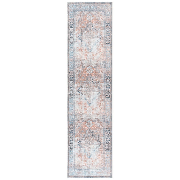 SAFAVIEH Orlando Munya Medallion Machine Washable Runner Rug, Orange/Blue, 1'10" x 8'