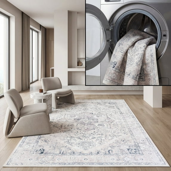 SAFAVIEH Orlando Tokora Medallion Machine Washable Area Rug, Beige/Grey, 4' x 6'