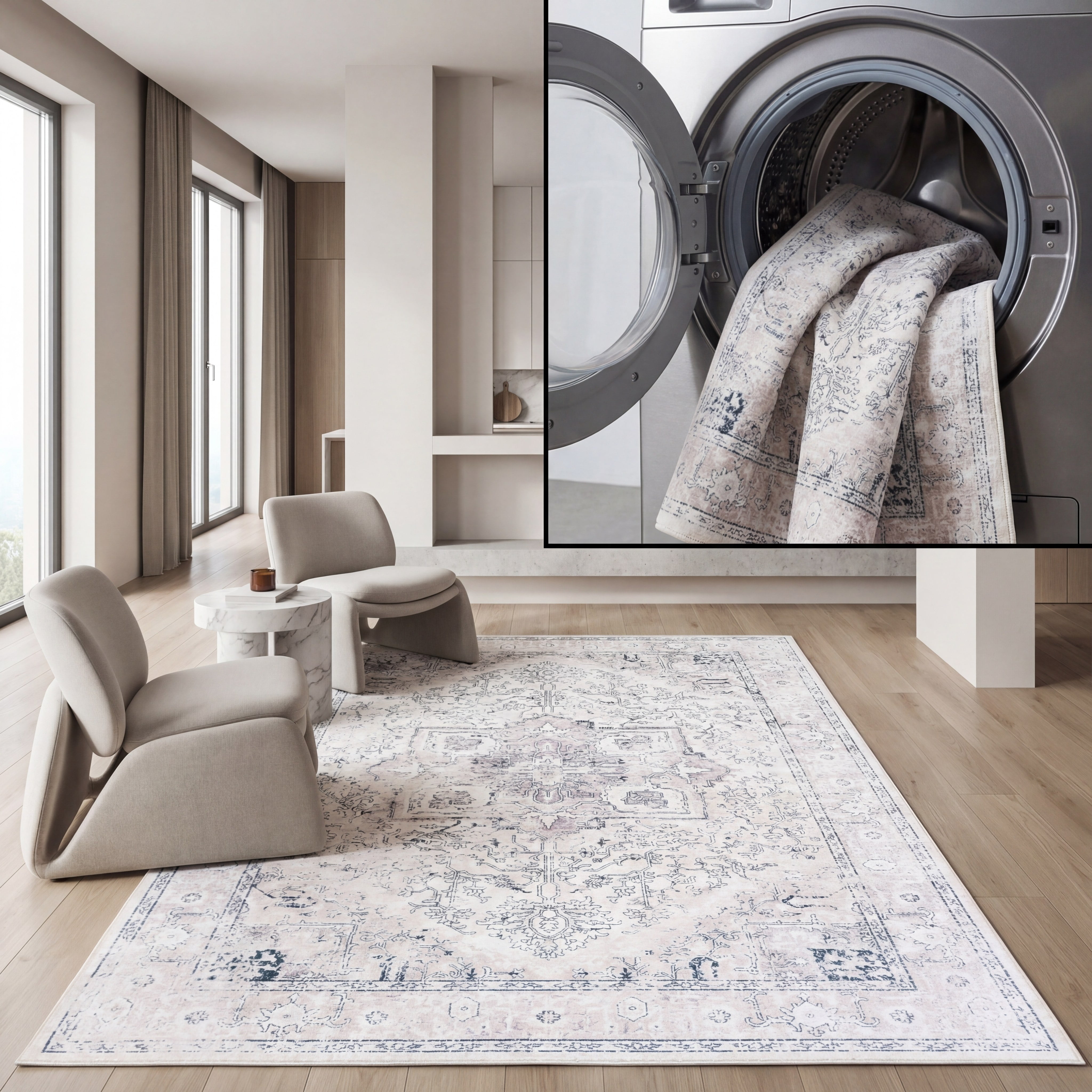 SAFAVIEH Orlando Tokora Medallion Machine Washable Area Rug, Beige/Grey, 8' x 10'