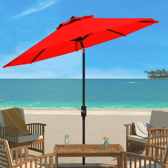 SAFAVIEH Ortega 9' Market Crank Auto Tilt Patio Umbrella, Red