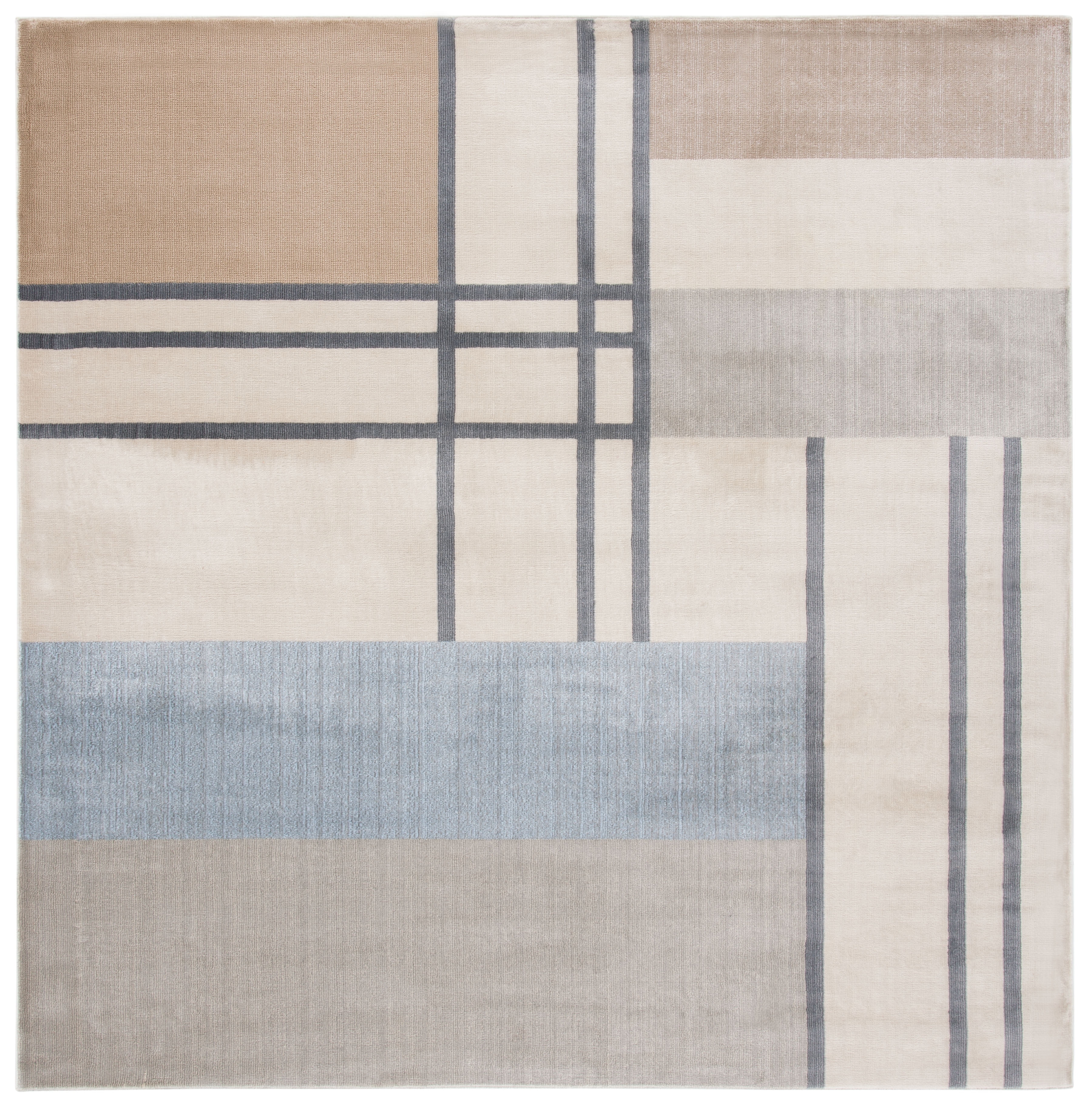 Ivory and Taupe Geometric Square Synthetic Area Rug