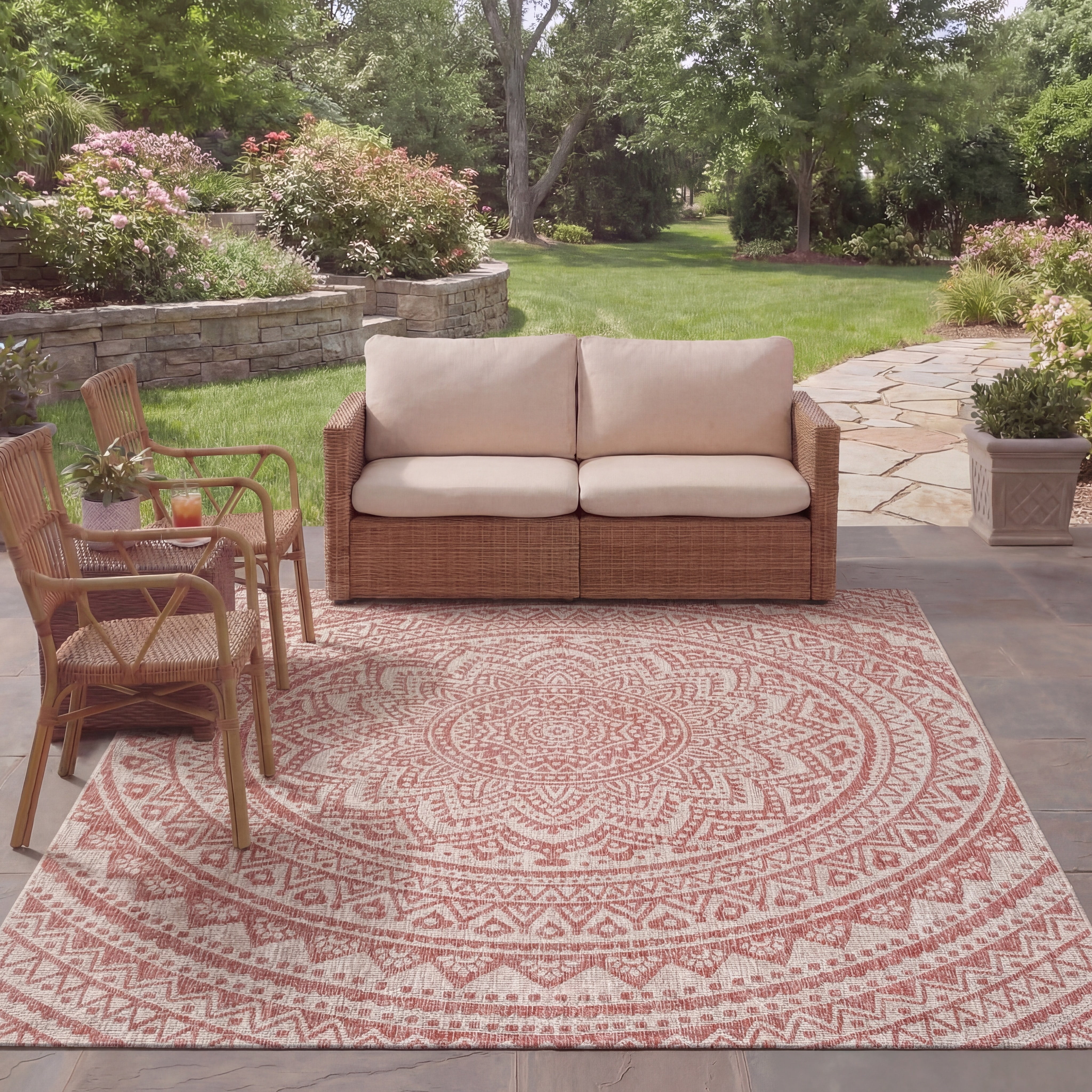 Safavieh Courtyard Josiah Floral Medallion Indoor/Outdoor Area Rug, Light Beige/Terracotta, 9' x 9' Square