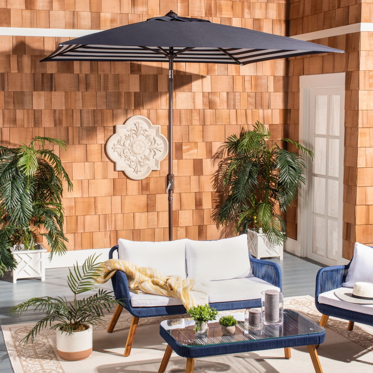 7.5 ft square patio umbrella SAFAVIEH Outdoor Collection Athens 7.5-Foot Square Crank Umbrella Navy/White
