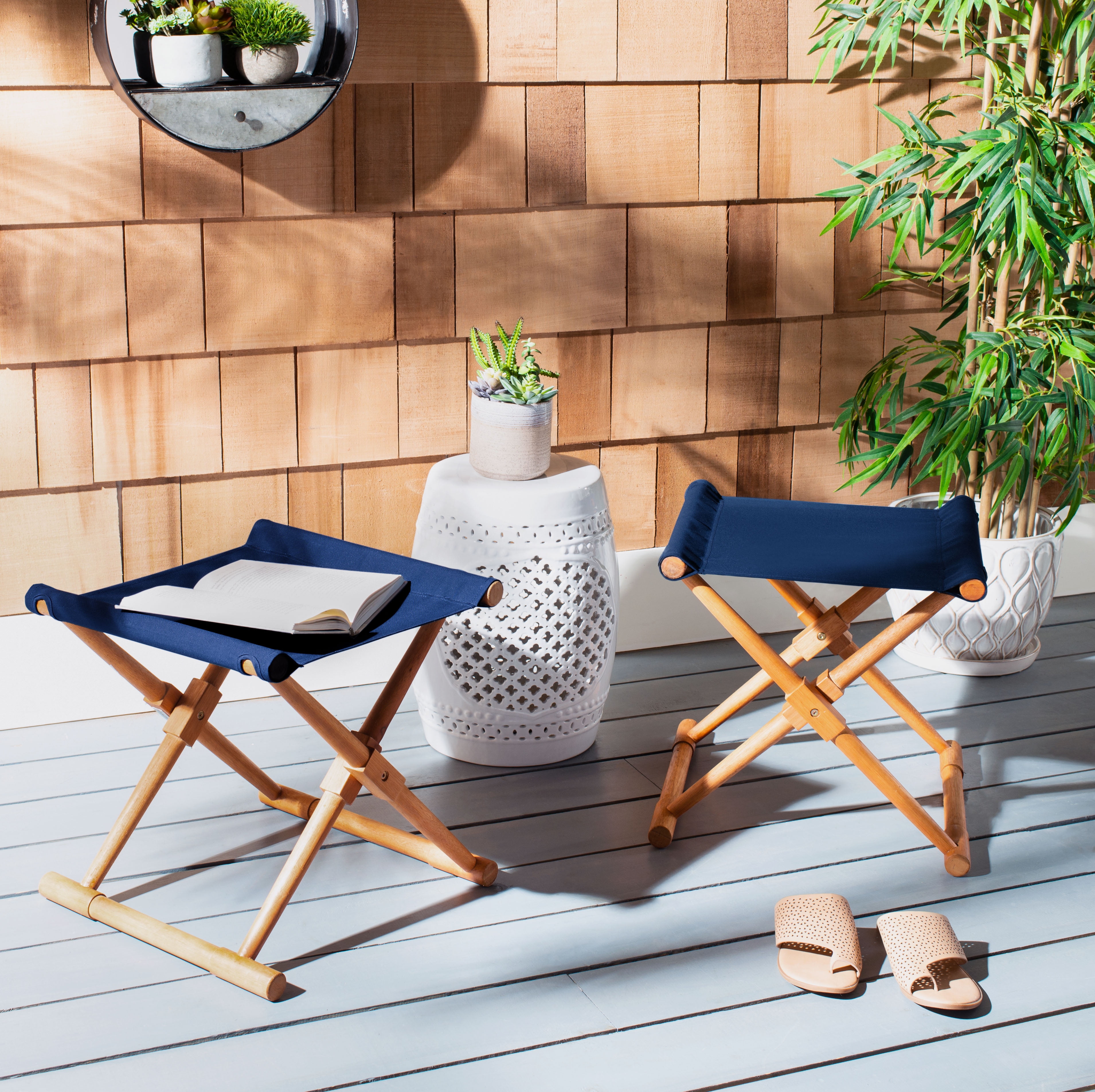 Breanne 17'' Brown and Navy Eucalyptus Folding Stools, Set of 2