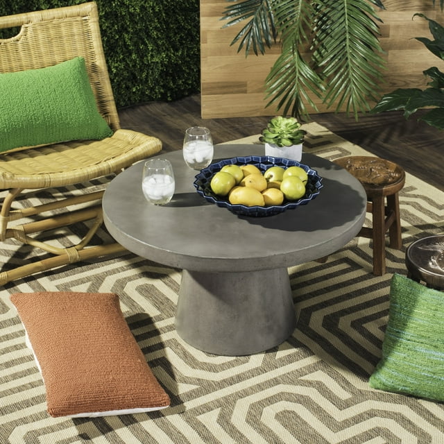 SAFAVIEH Outdoor Collection Delfia Concrete Round Coffee Table Dark Grey