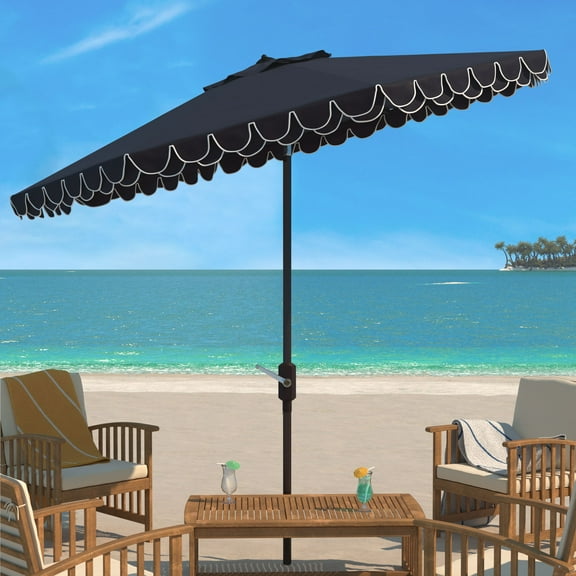 SAFAVIEH Outdoor Collection Elegant Valance 11-Foot Round Umbrella Navy/White