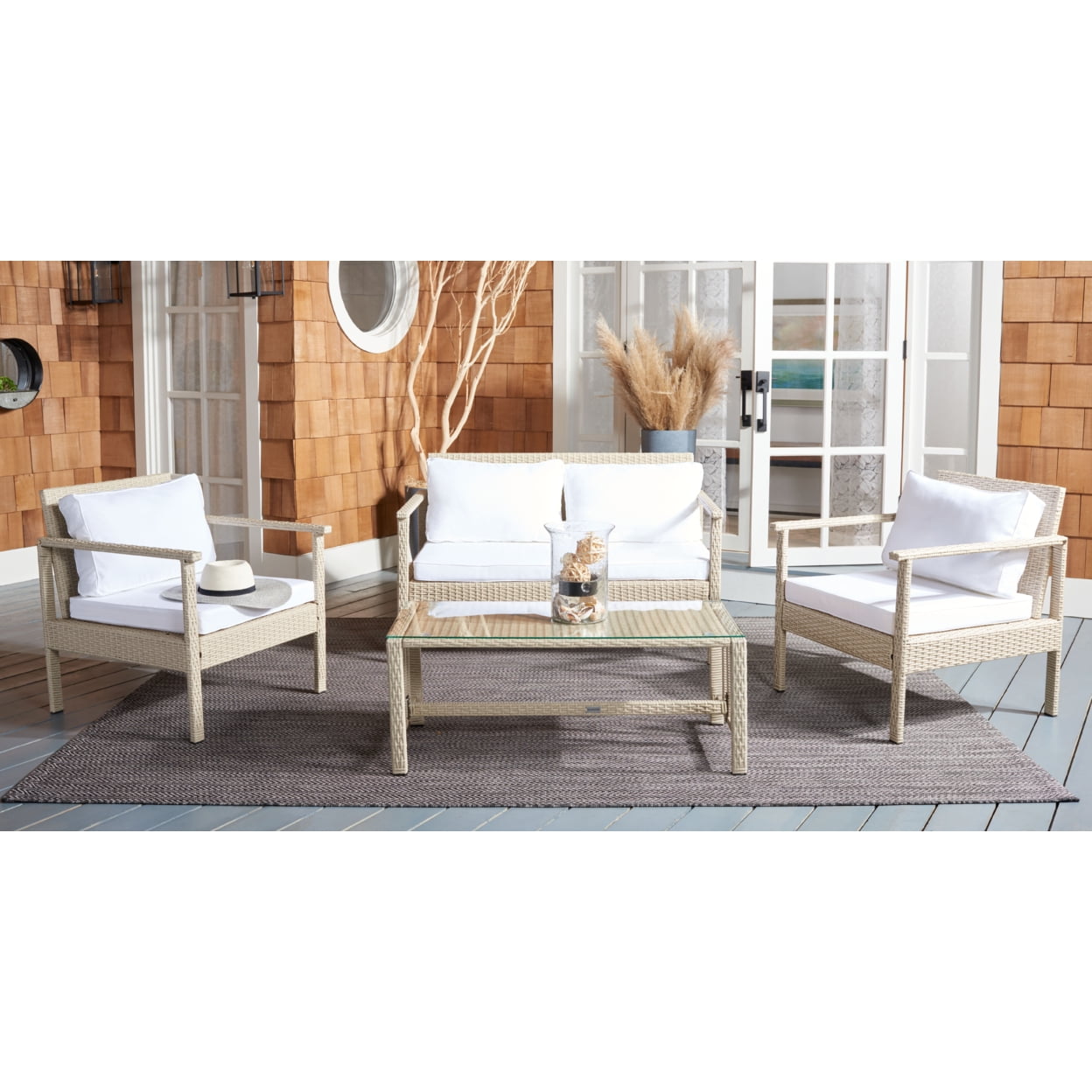 Beige Wicker 4-Piece Outdoor Living Set with Cushions