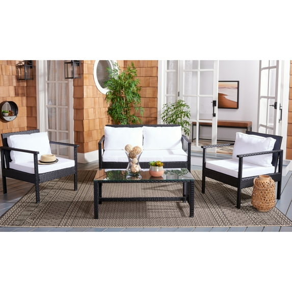 SAFAVIEH Outdoor Collection Garnen 4-Piece Patio Set Black/White Cushion