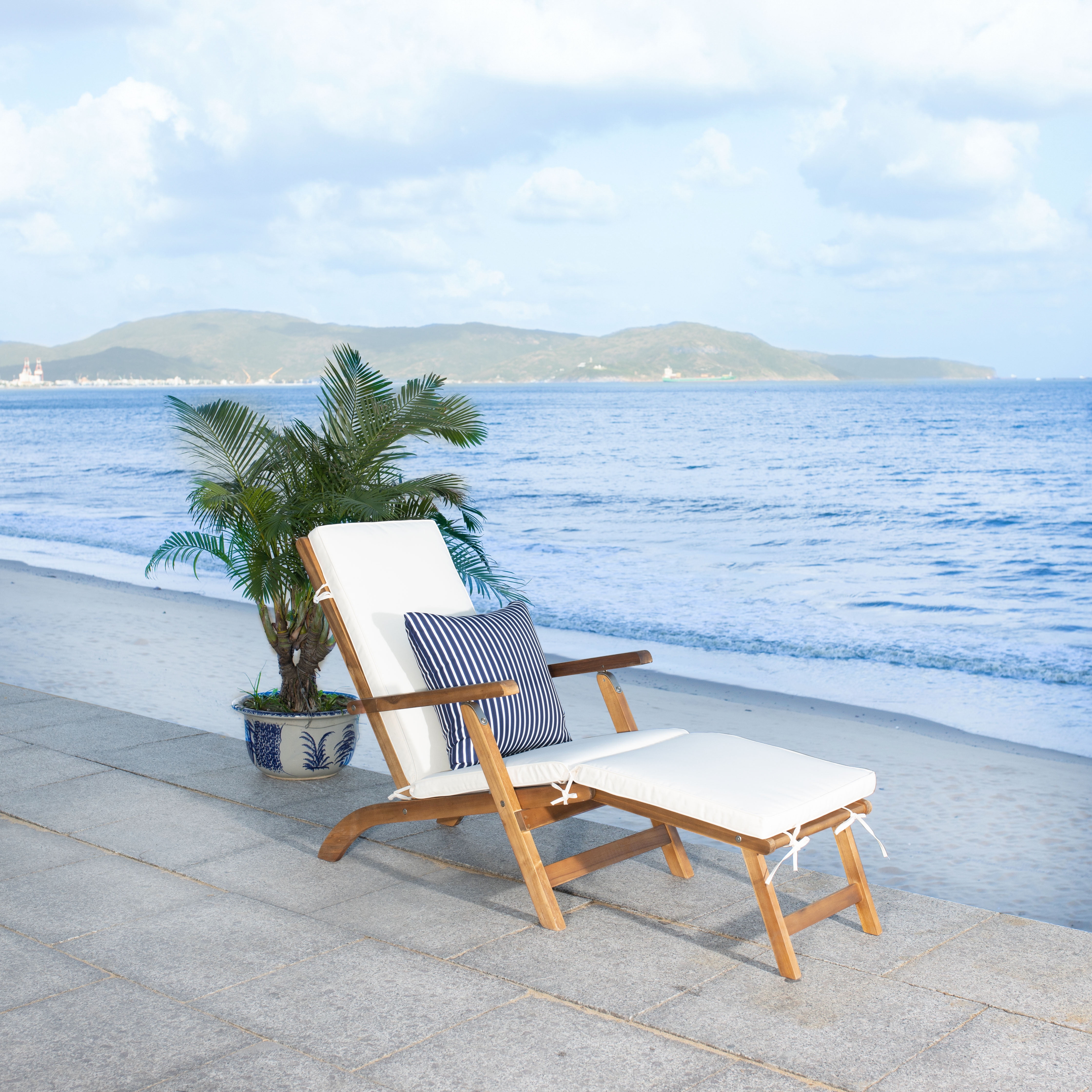 Acacia Wood White Chaise Lounge Chair with Striped Pillow