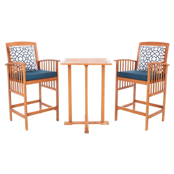 SAFAVIEH Outdoor Collection Pate 3-Piece Bar Table Bistro Set Natural/Navy/Navy
