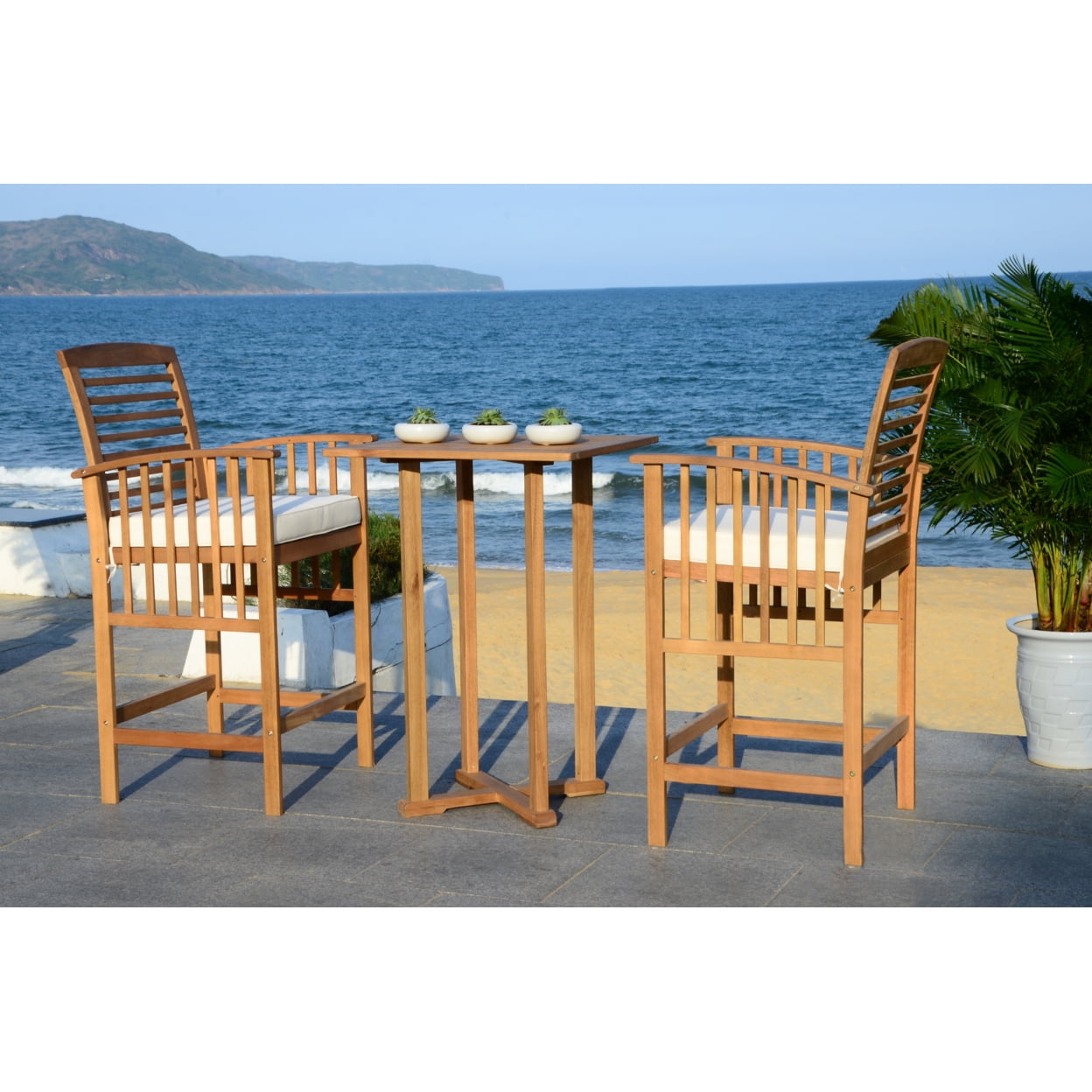 Natural Teak and White 3-Piece Bar Table Bistro Set