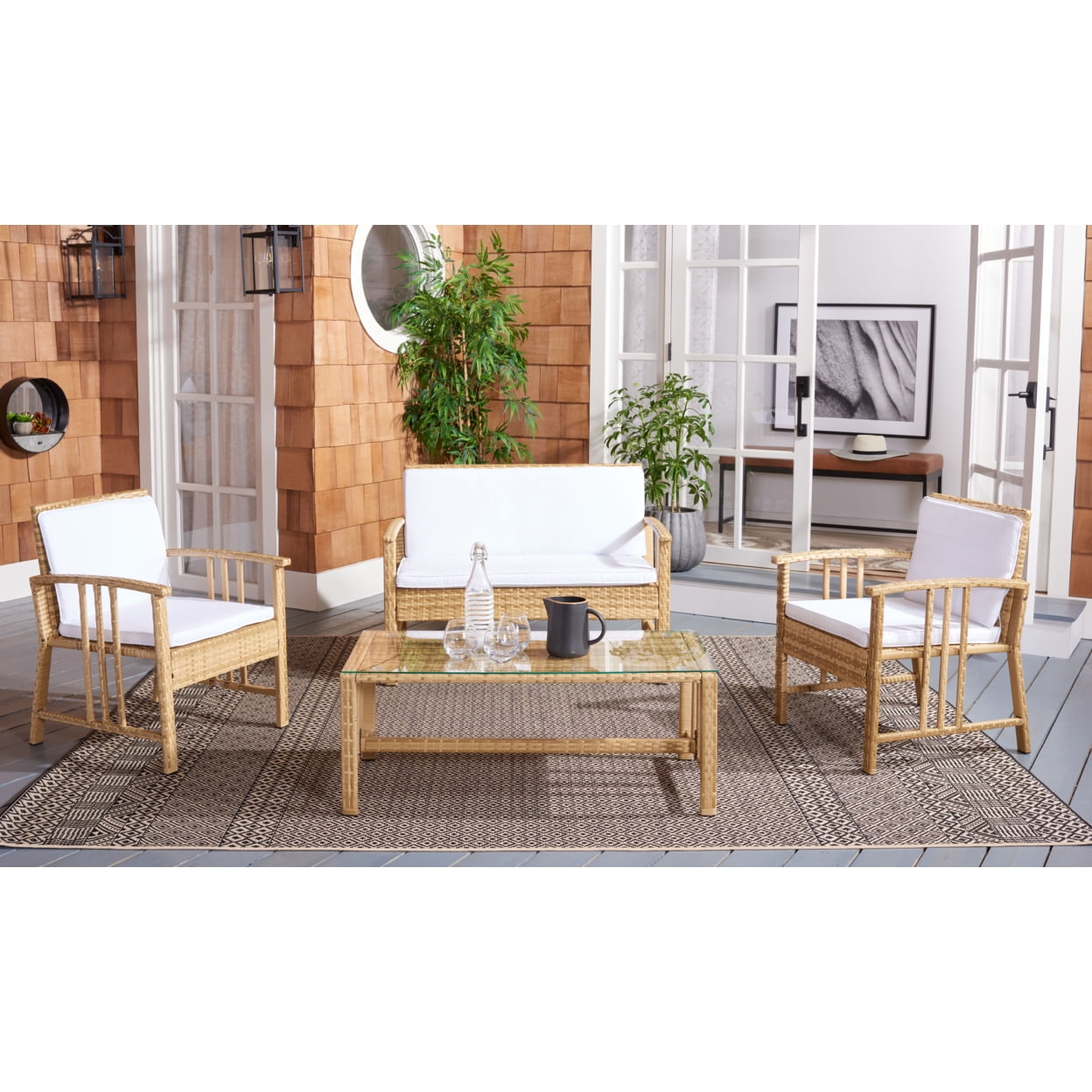 Coastal Breeze Wicker 4-Piece Outdoor Living Set with White Cushions