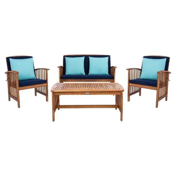 Safavieh Adult 4-Piece Wood Conversation Sets with Teal Accent Pillows, Teak Brown/Navy