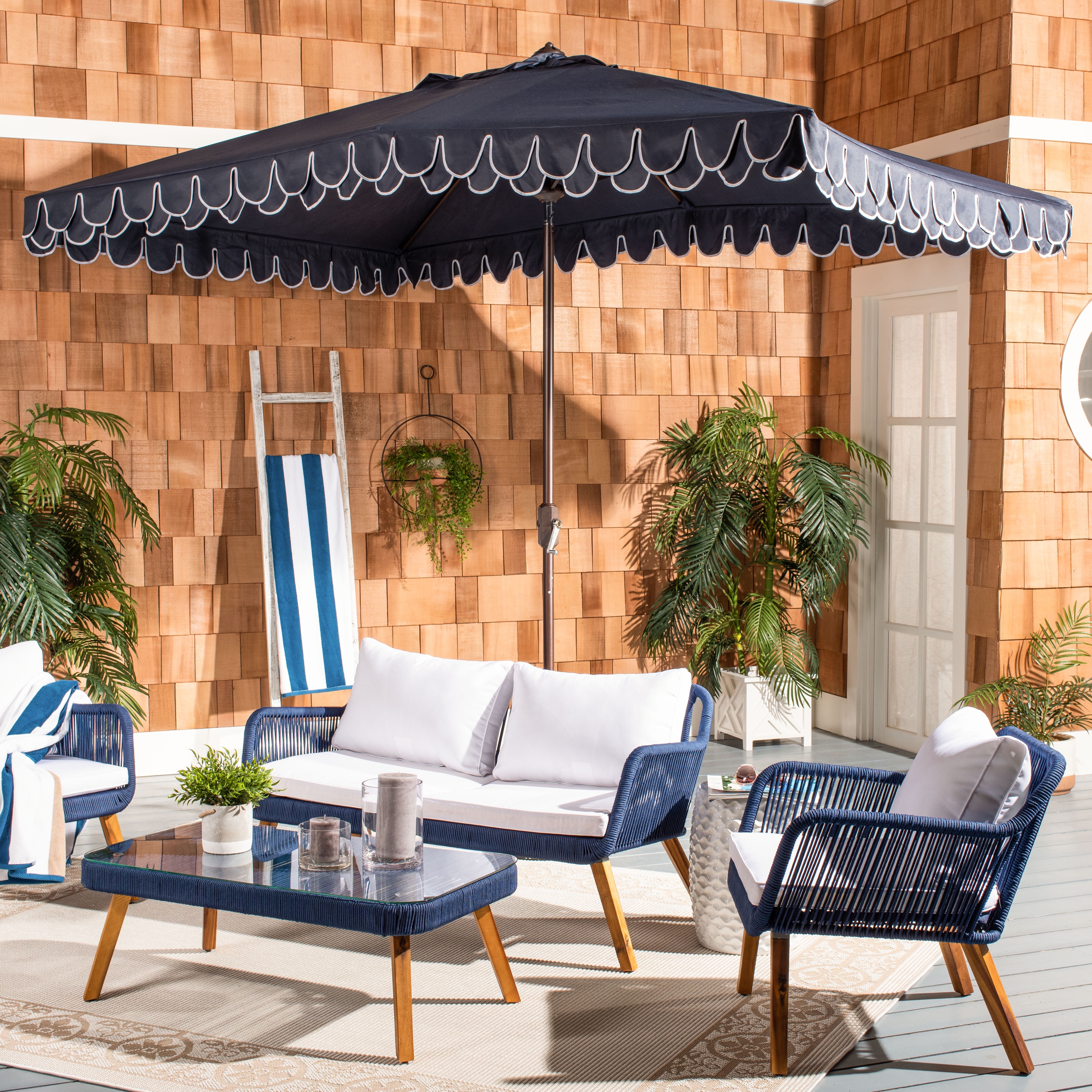 Elegant Navy and White Rectangular Patio Umbrella with Valance