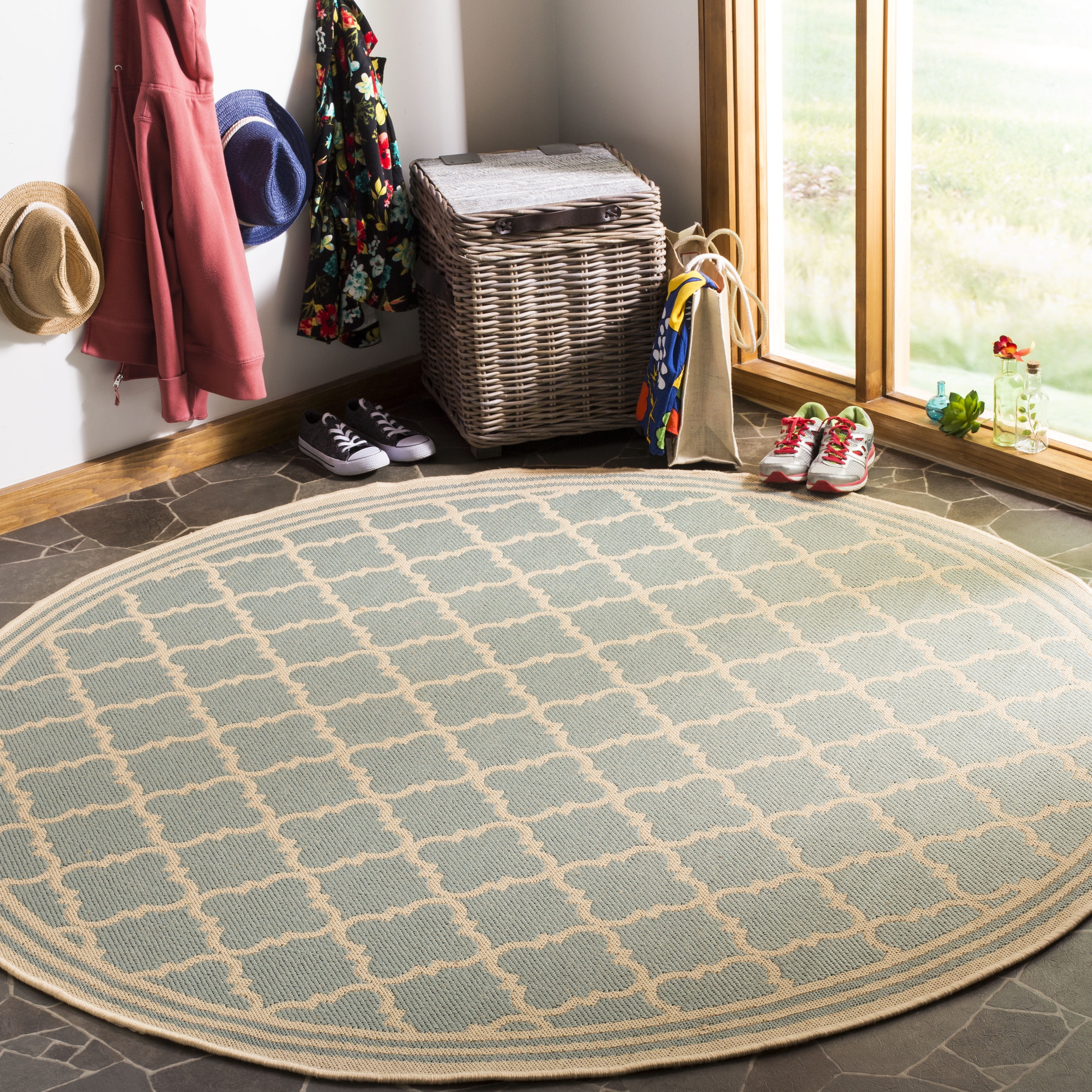 Safavieh Linden Danny Geometric Indoor/Outdoor Area Rug, Aqua/Cream, 6'7" x 6'7" Round