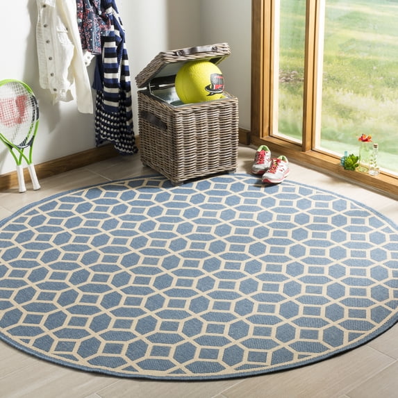 Safavieh Linden Joey Geometric Indoor/Outdoor Area Rug, Blue/Creme, 6'7" x 6'7" Round