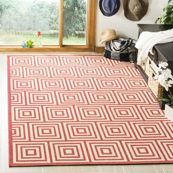 SAFAVIEH Outdoor LND173Q Linden Collection Red / Creme Rug