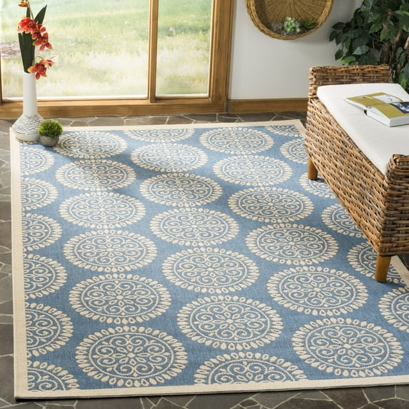 SAFAVIEH Outdoor LND176M Linden Collection Blue / Creme Rug