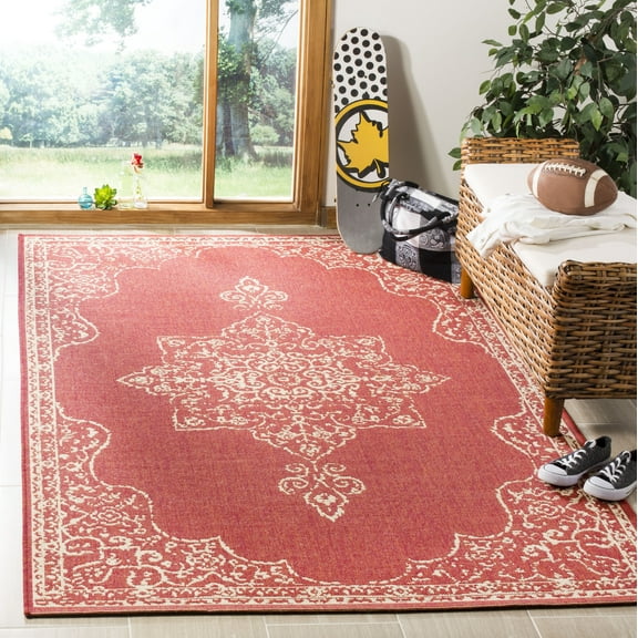 SAFAVIEH Outdoor LND180Q Linden Collection Red / Creme Rug