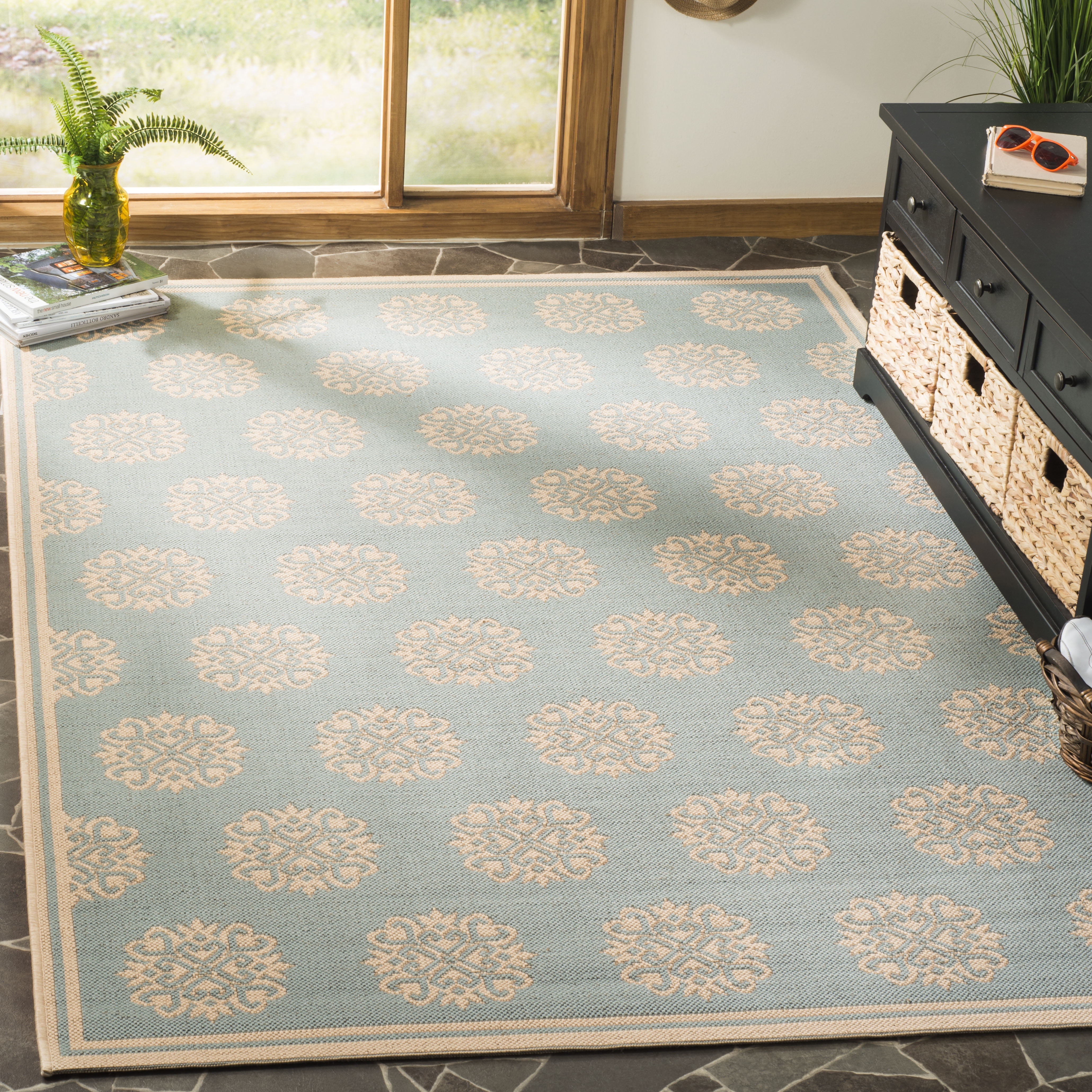 SAFAVIEH Outdoor LND181K Linden Collection Aqua / Cream Rug