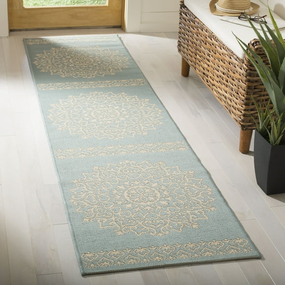 SAFAVIEH Outdoor LND183L Linden Collection Cream / Aqua Rug