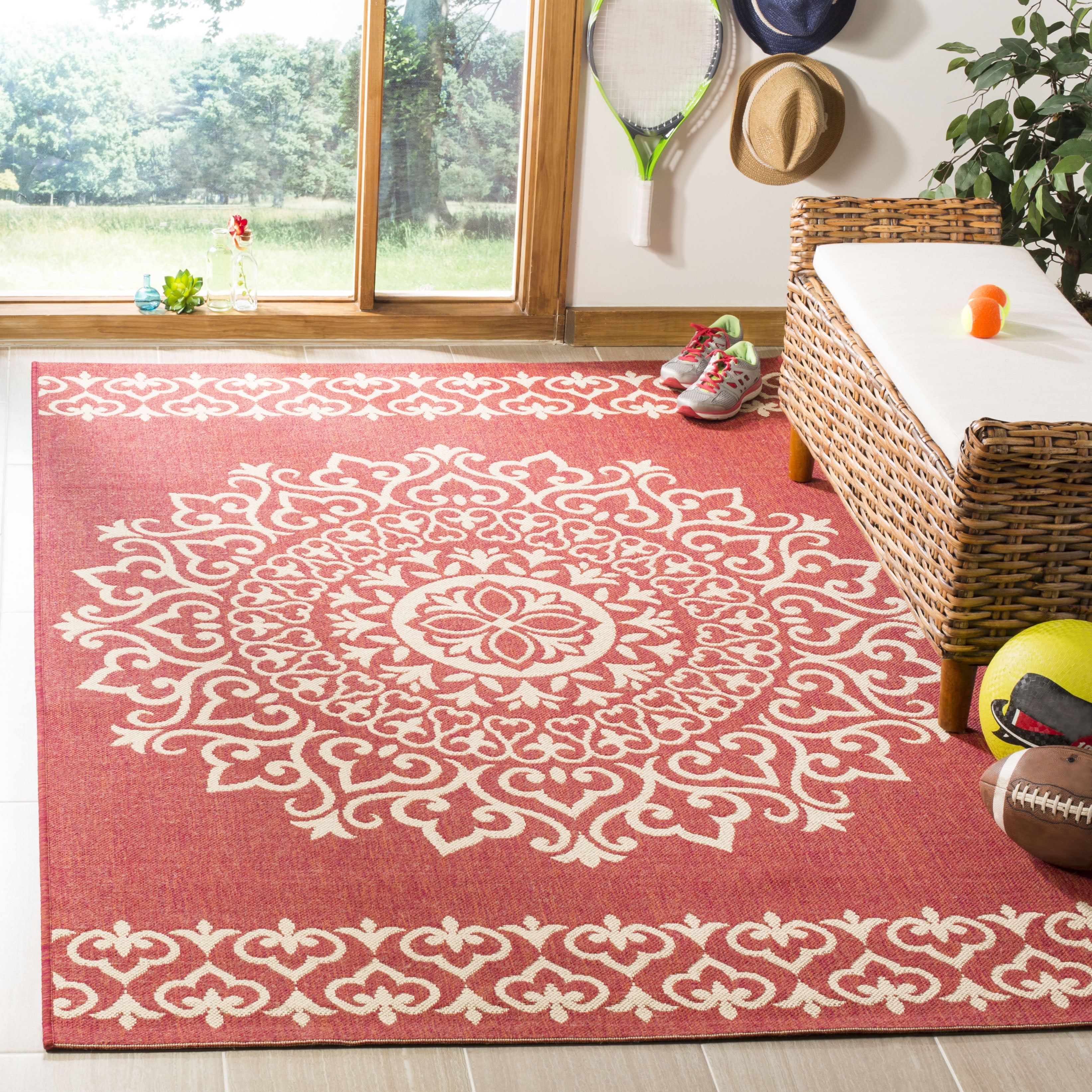 SAFAVIEH Outdoor LND183Q Linden Collection Red / Creme Rug - Walmart.com