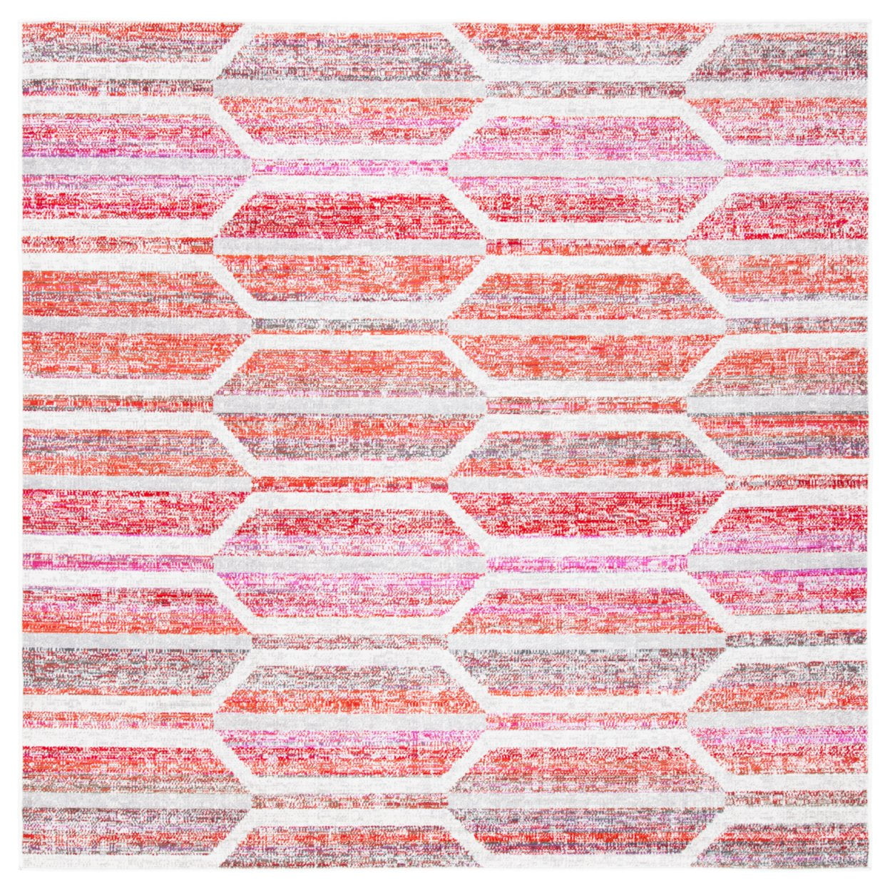 Square Red and Ivory Boho-Chic Synthetic Indoor/Outdoor Rug - 6' 7"