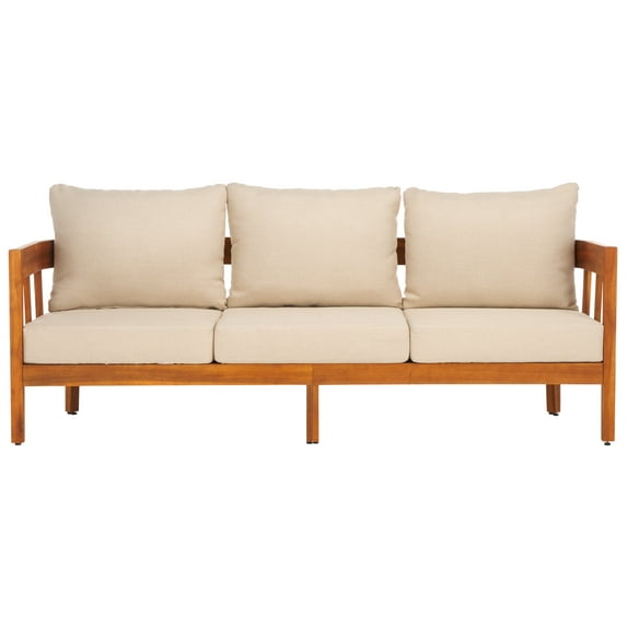 SAFAVIEH Owen Teak Wood Outdoor Sofa, Natural/Taupe