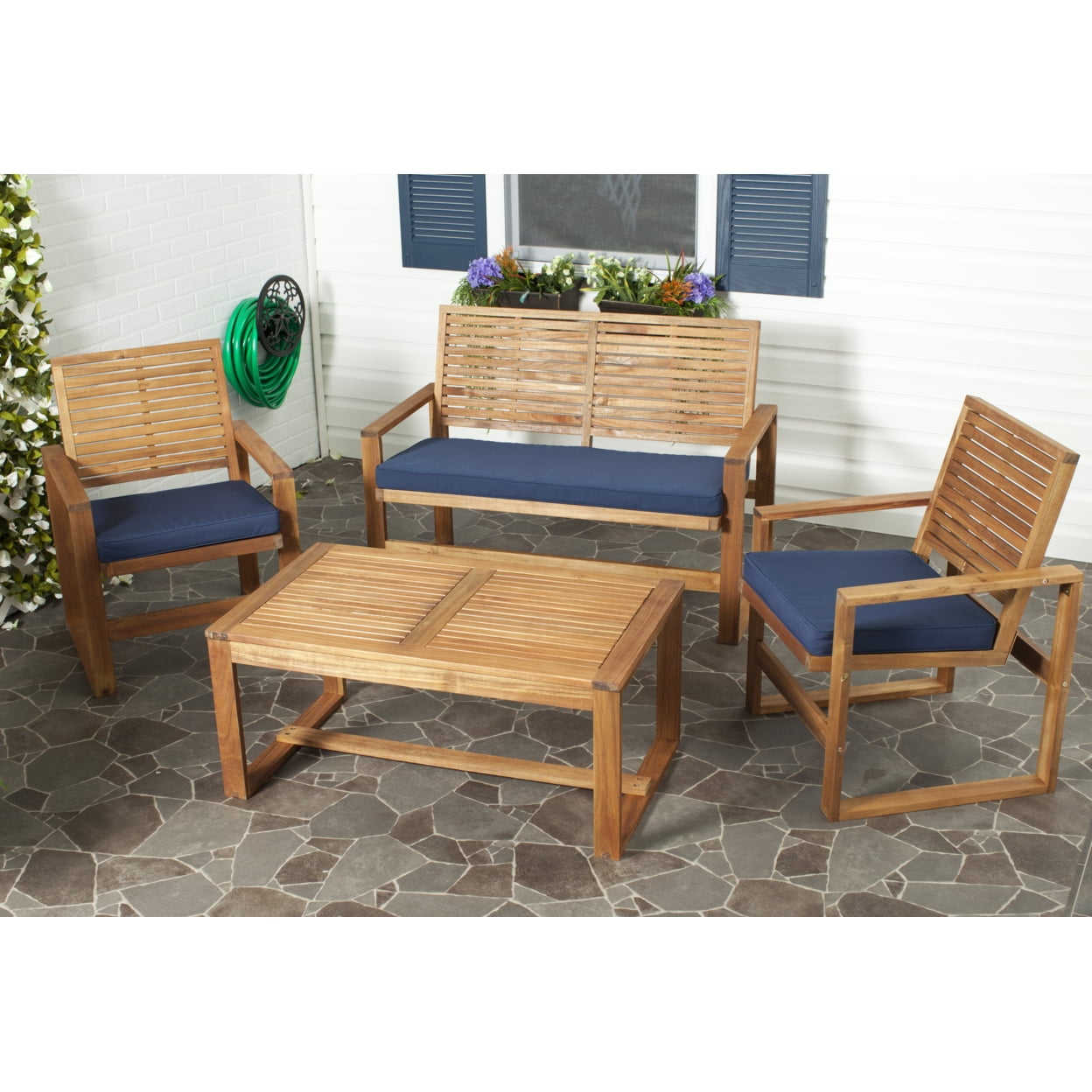 Ozark Natural Acacia Wood and Navy Cushion 4-Piece Outdoor Set