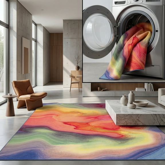 SAFAVIEH Paint Brush Jonie Abstract Machine Washable Area Rug, Fuchsia/Yellow, 6'7" x 6'7" Square