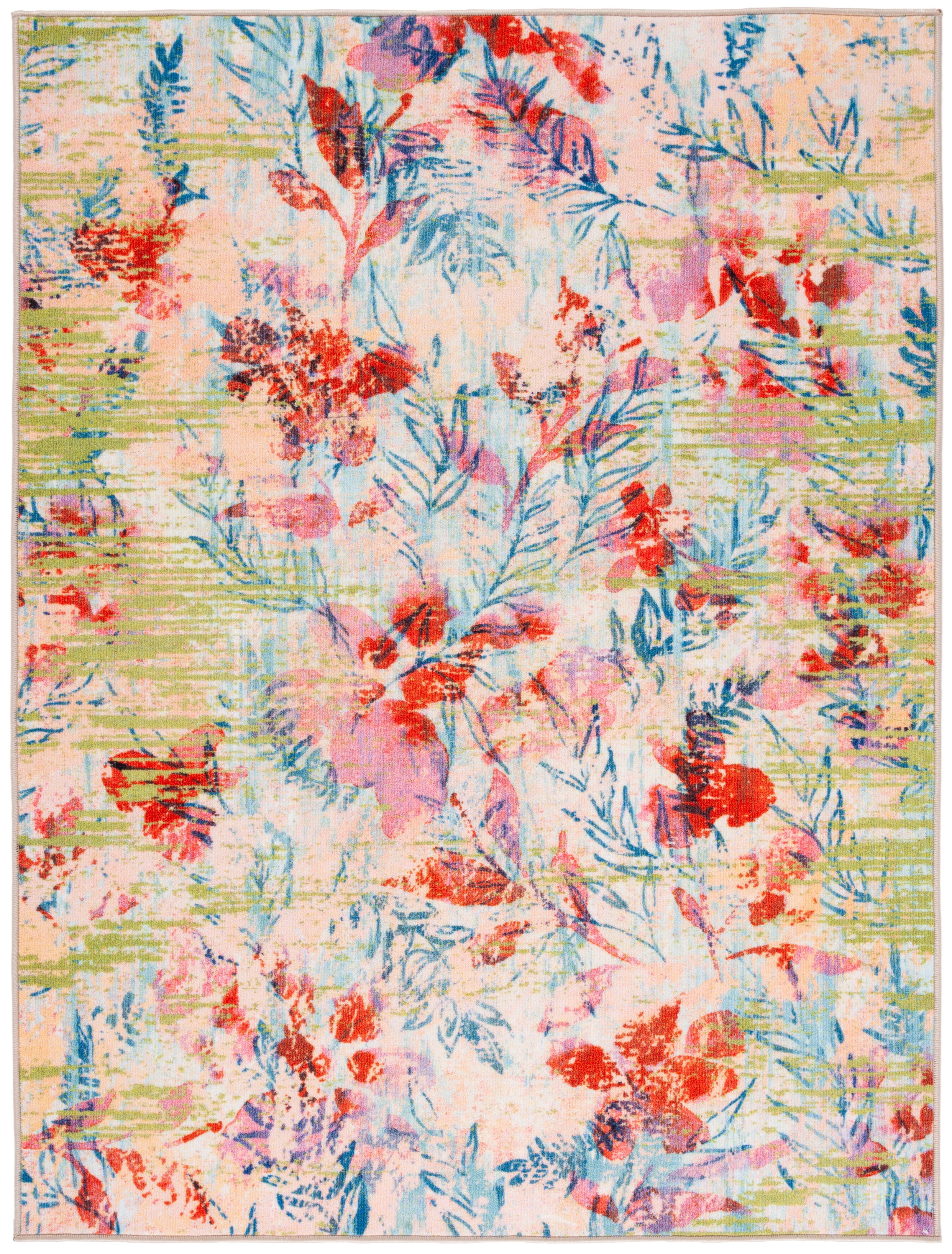 Blue and Pink Abstract Floral Machine Washable Area Rug