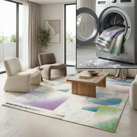 SAFAVIEH Paint Brush Kaelea Abstract Area Rug, Blue/Ivory, 6'7" x 6'7" Square