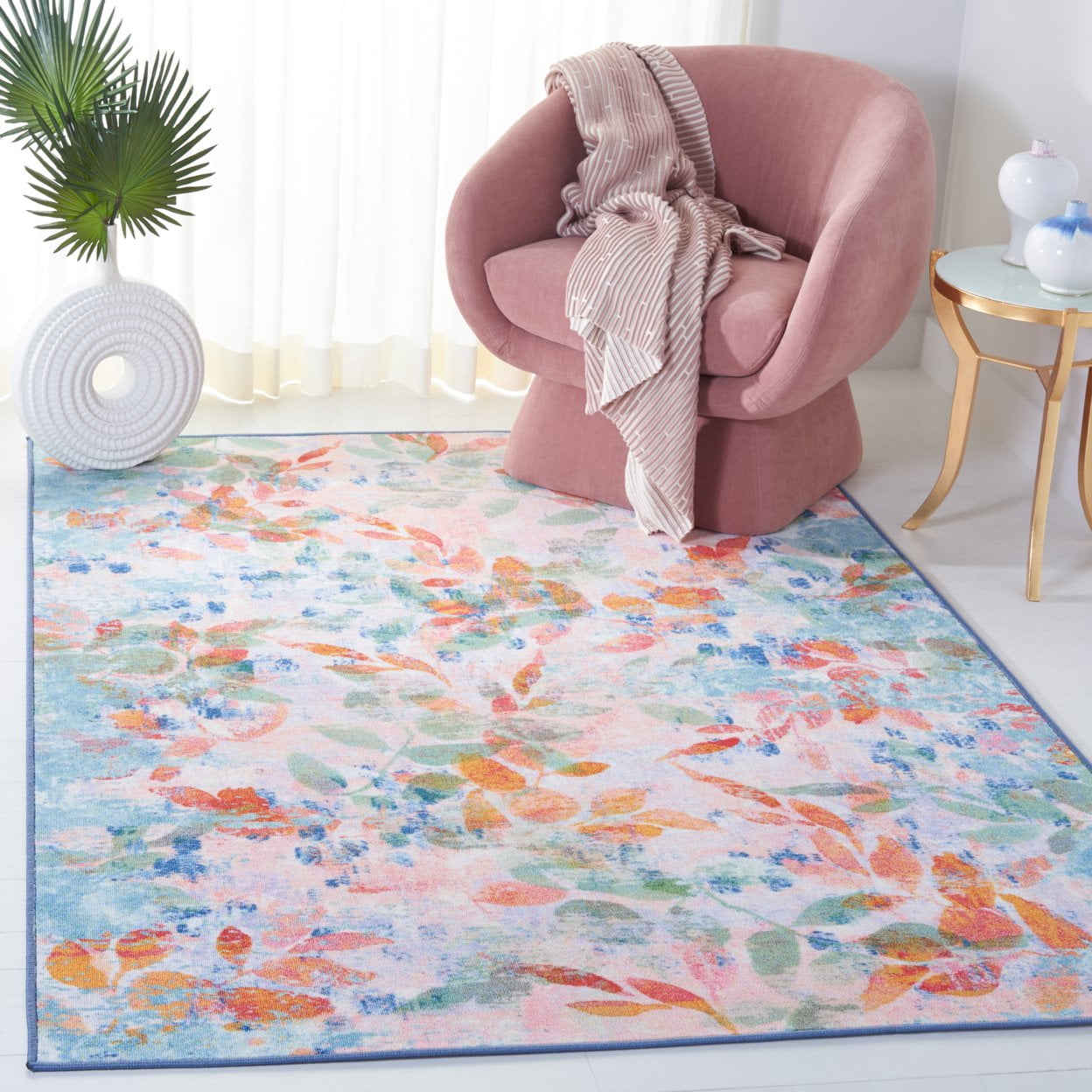 Blush Pink and Green Floral Washable Synthetic Rug