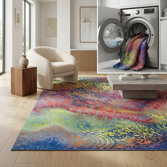 SAFAVIEH Painted Brush Lilly Novelty Area Rug, Blue/Coral, 6'7" x 9'