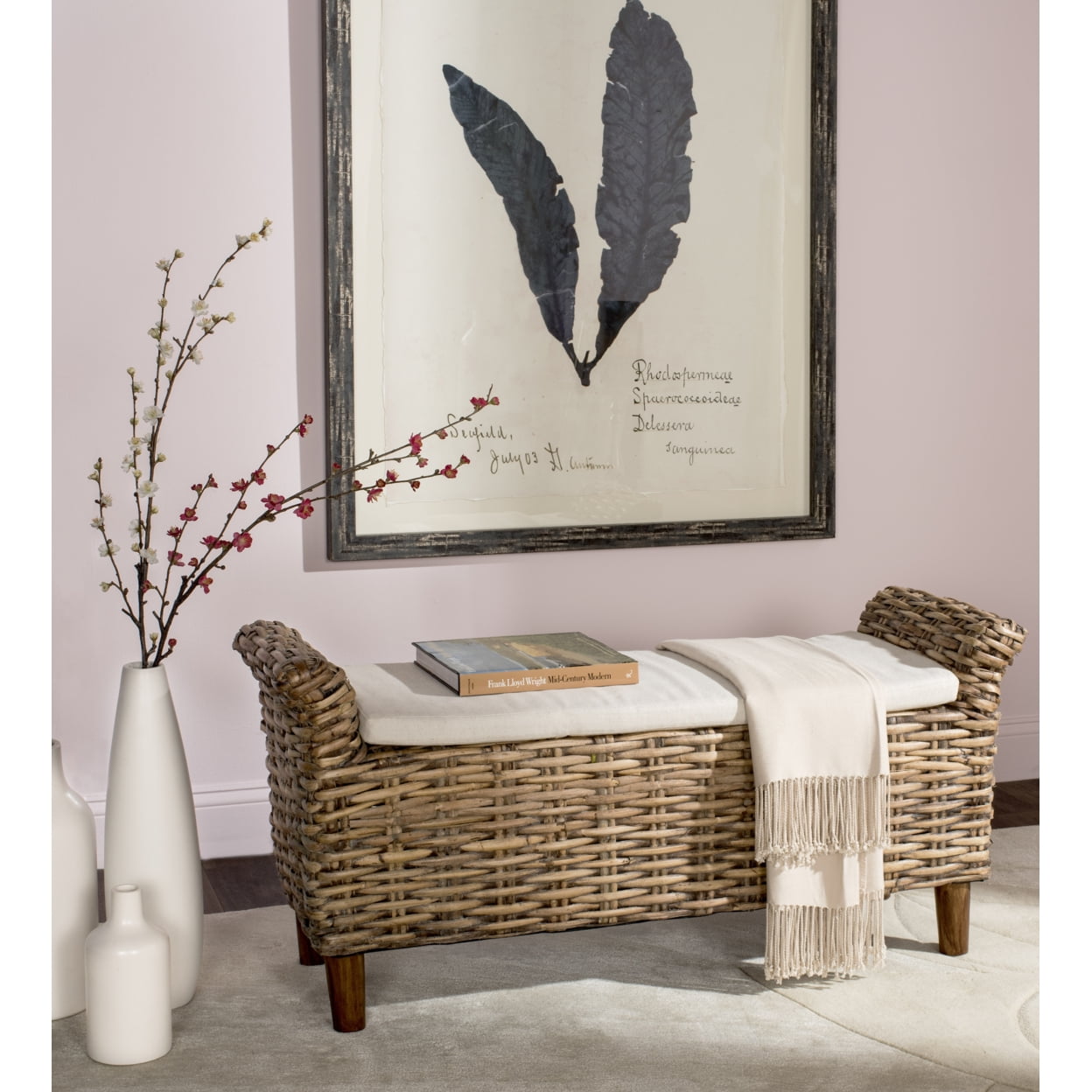 Safavieh Mango Wood Woven Bench with White Cushion