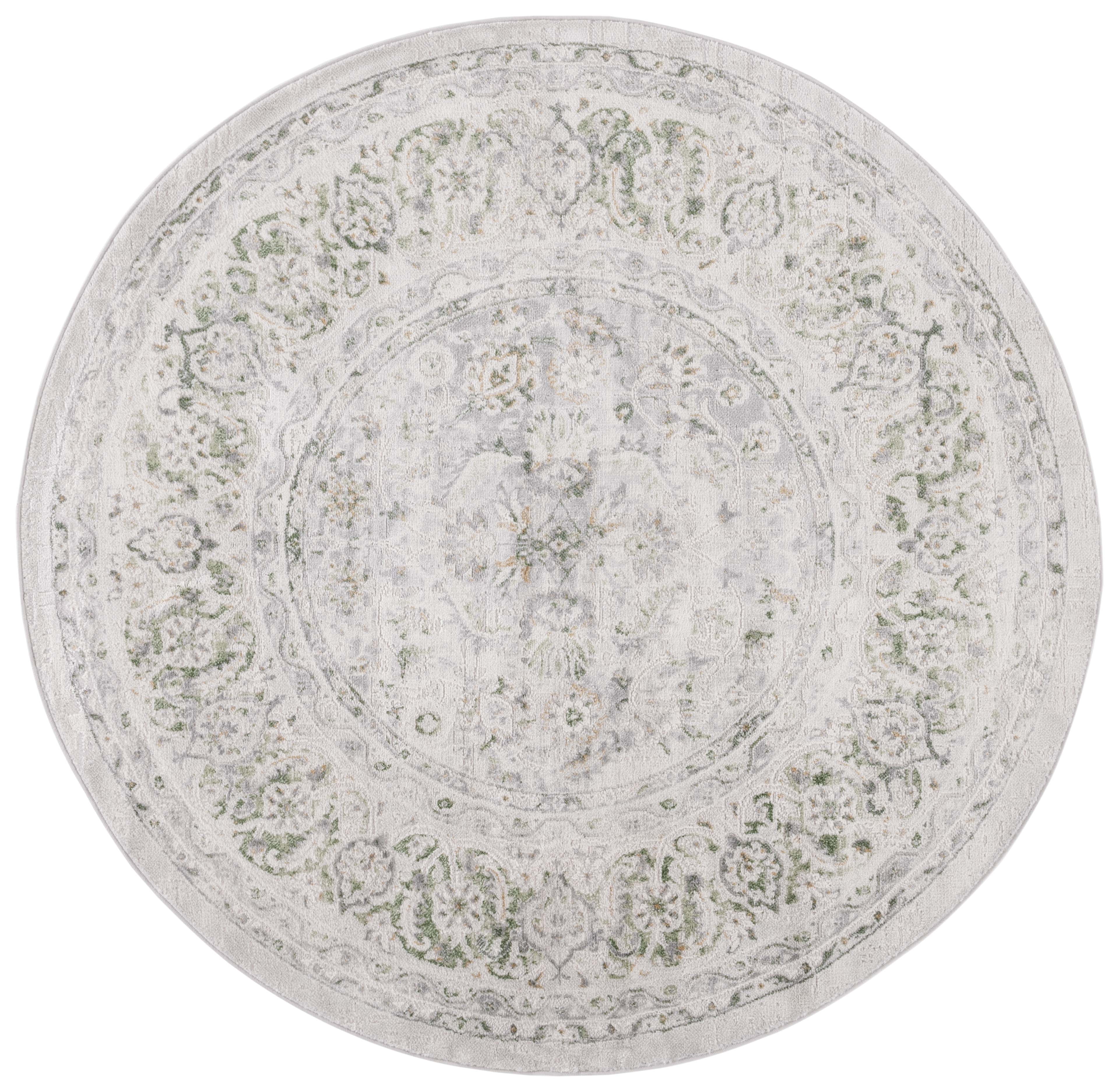 Beige and Green Round Oriental Synthetic Rug, 6'7"